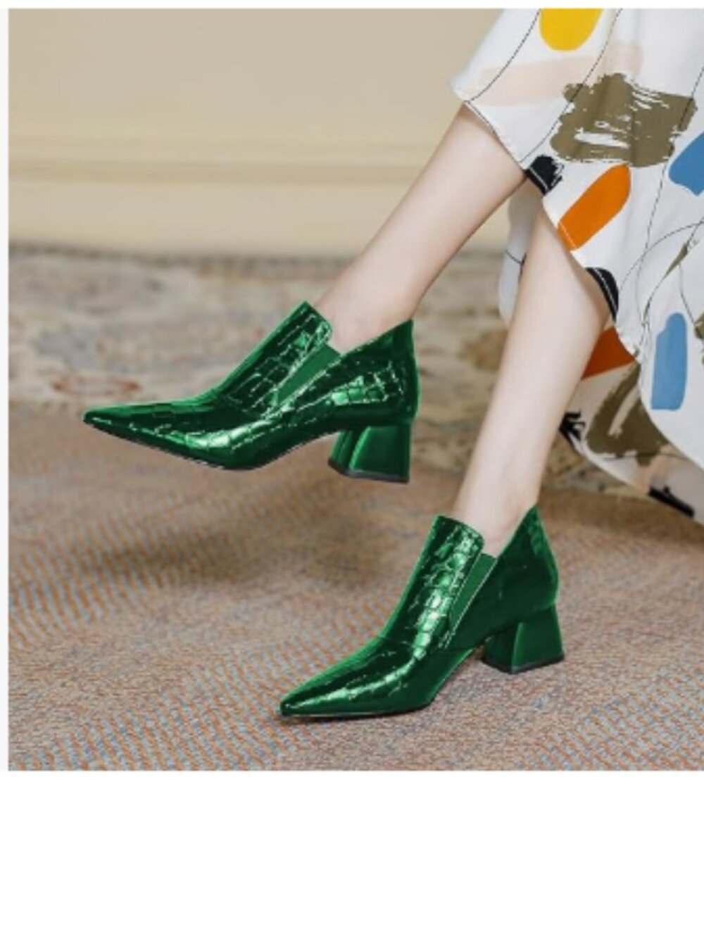 YDN Green Sexy Pointed Toe Ankle Boots Chunky Low Heel Booties Pull on Shoe